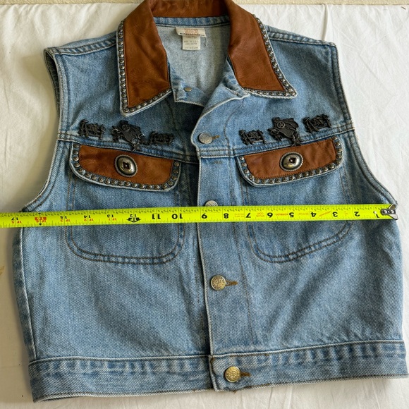 Vintage Streets Ahead Denim Jean Leather Vest Size M 100% Cotton Western Pins - Picture 8 of 15